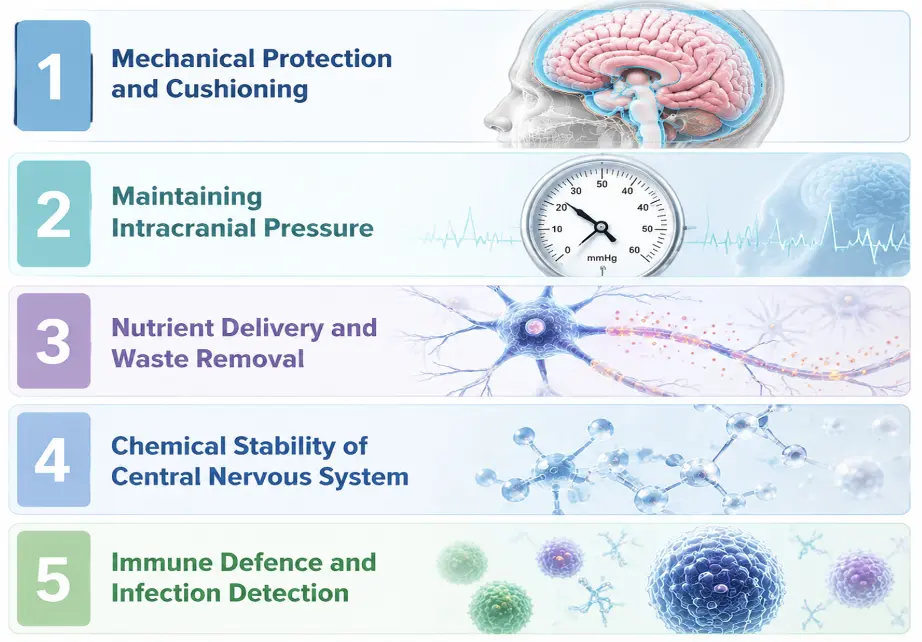 Infographic showing five cns protection principles: 1 mechanical protection and cushioning, 2 maintaining intracranial pressure, 3 nutrient delivery and waste removal, 4 chemical stability of cns, 5 immune defense and infection detection.