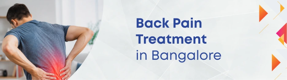 Man clutching his lower back in pain beside a banner that reads 'back pain treatment in bangalore'