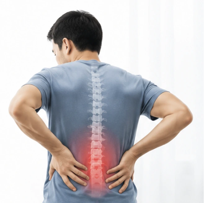 Man seen from behind wearing a blue shirt, with a red glow at the lower back indicating pain in the spine area