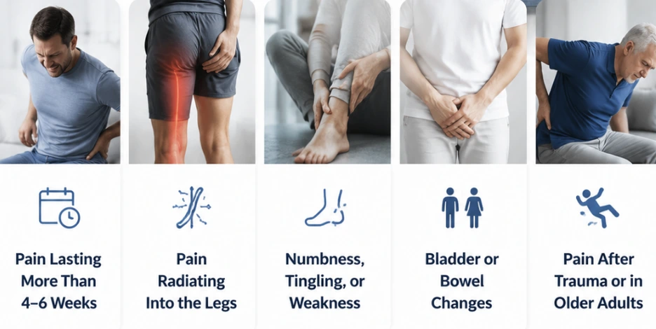 Man holding lower back in pain to illustrate pain lasting more than 4–6 weeks in the back area so far as an informational panel.