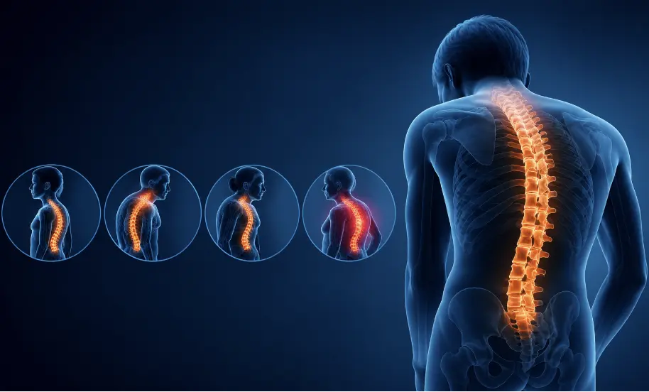 Educational illustration of a human back with an orange-highlighted spine, plus circular insets showing progressive spinal curvature and back pain.