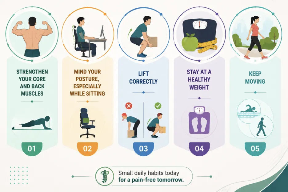 Infographic with five habits for a pain-free tomorrow: strengthen core, posture, lift safely, healthy weight, keep moving.
