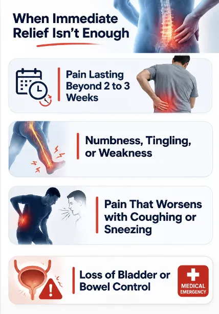 Infographic listing medical warning signs: pain lasting beyond 2–3 weeks, numbness or weakness, pain worsened by coughing or sneezing, and loss of bladder or bowel control.