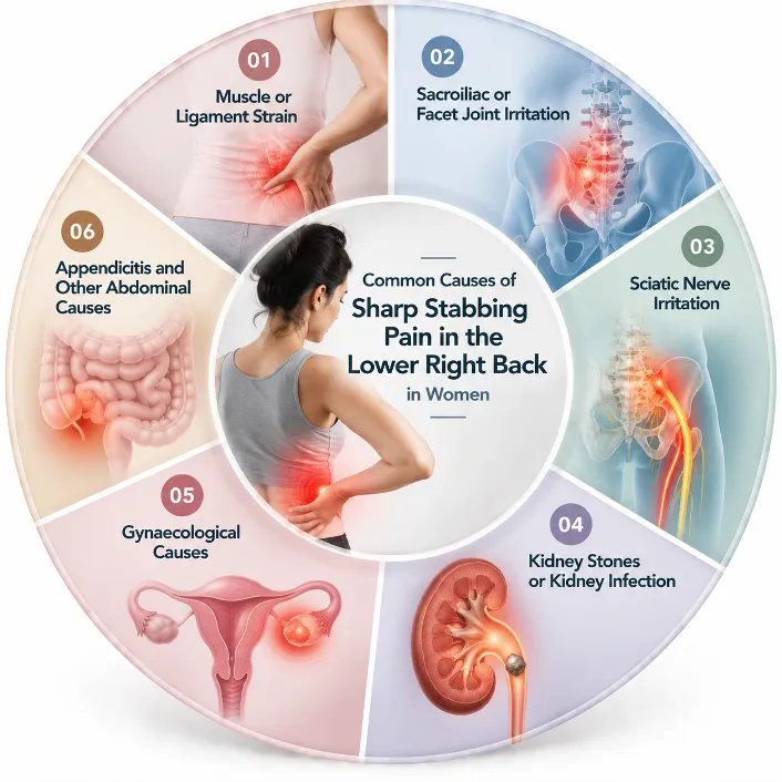 Infographic circle listing six causes of sharp lower-right back pain in women, centered on a woman holding her back.