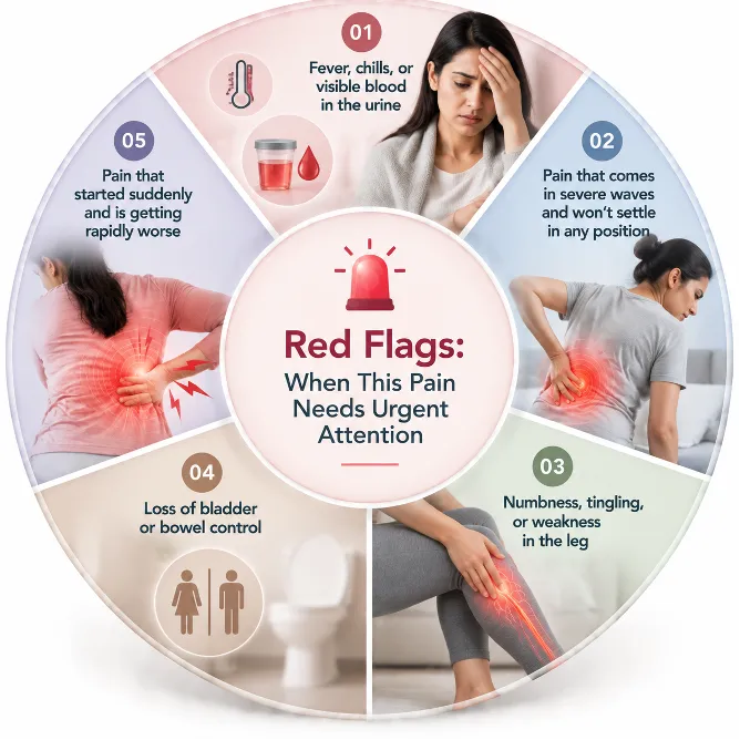 Infographic wheel titled 'red flags: when this pain needs urgent attention' showing five warning symptoms around a central red siren. (01) fever or visible blood in urine; (02) severe pain or pain in odd position; (03) numbness or weakness in leg; (04) loss of bladder or bowel control; (05) sudden, worsening back pain.