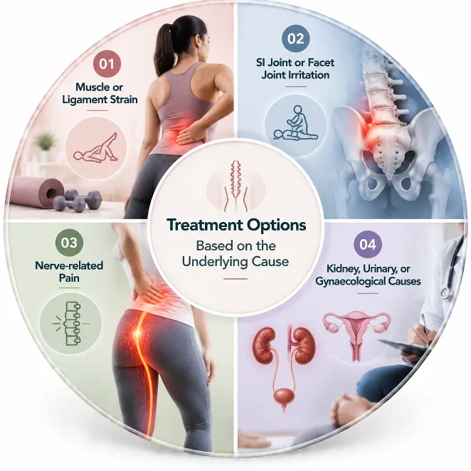 Circular infographic titled 'treatment options based on the underlying cause' showcasing four pain categories: (01) muscle/ligament strain, (02) si/facet joint irritation, (03) nerve-related pain, (04) kidney/urinary/gynaecological causes.