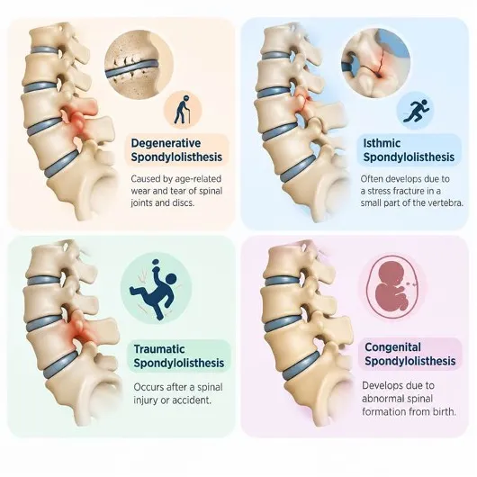 Infographic showing four types of spondylolisthesis in a 2x2 grid: degenerative, isthmic, traumatic, and congenital, each with a spine diagram, a highlighted painful area, and a small inset illustration for context.