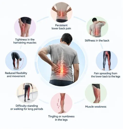 Infographic of back pain symptoms around a central figure holding his lower back with a red glow: persistent pain, stiffness, leg pain, numbness/tingling, weakness, and difficulty standing or moving.