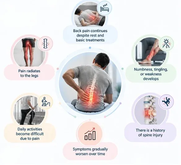Infographic about back pain symptoms: central person clutching lower back with a red highlight, surrounded by bubbles describing related signs and impacts on daily life.