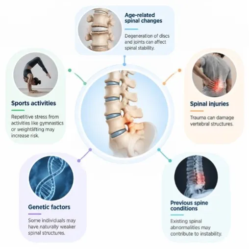Central spine illustration with surrounding bubbles on age-related spinal changes, injuries, genetics, prior conditions, and sports stress explanations.