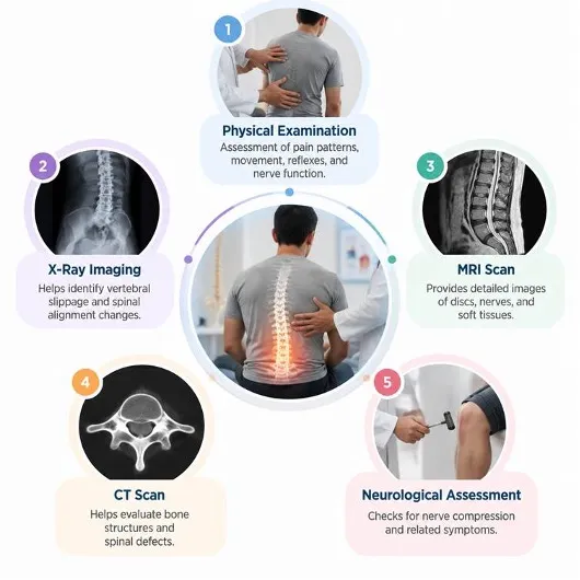 Infographic of spine examination steps: physical exam, x-ray, mri, ct, and neurological assessment around a patient.