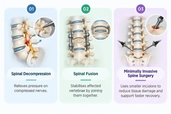 Three-panel infographic of spine surgeries: panel 1 shows spinal decompression relieving pressure on nerves. Panel 2 shows spinal fusion with hardware stabilizing vertebrae. Panel 3 shows minimally invasive spine surgery with small incisions and instruments.