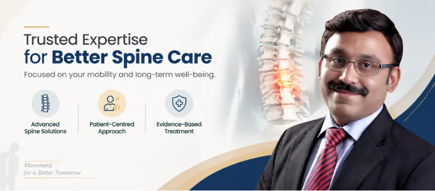 Banner promoting spine care expertise: doctor in suit beside a spine graphic and three service icons labeled 'advanced spine solutions', 'patient-centred approach', 'evidence-based treatment'